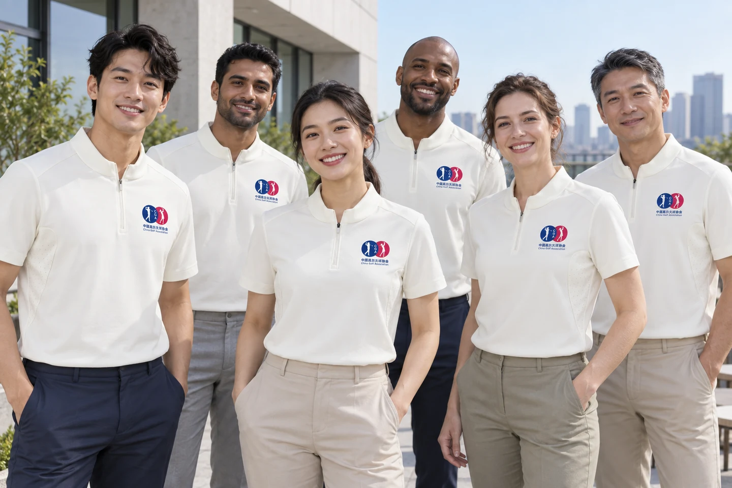 Ivory Stand-Collar Polo Shirt · International team styling · Group portrait · PM-C-204 / 9