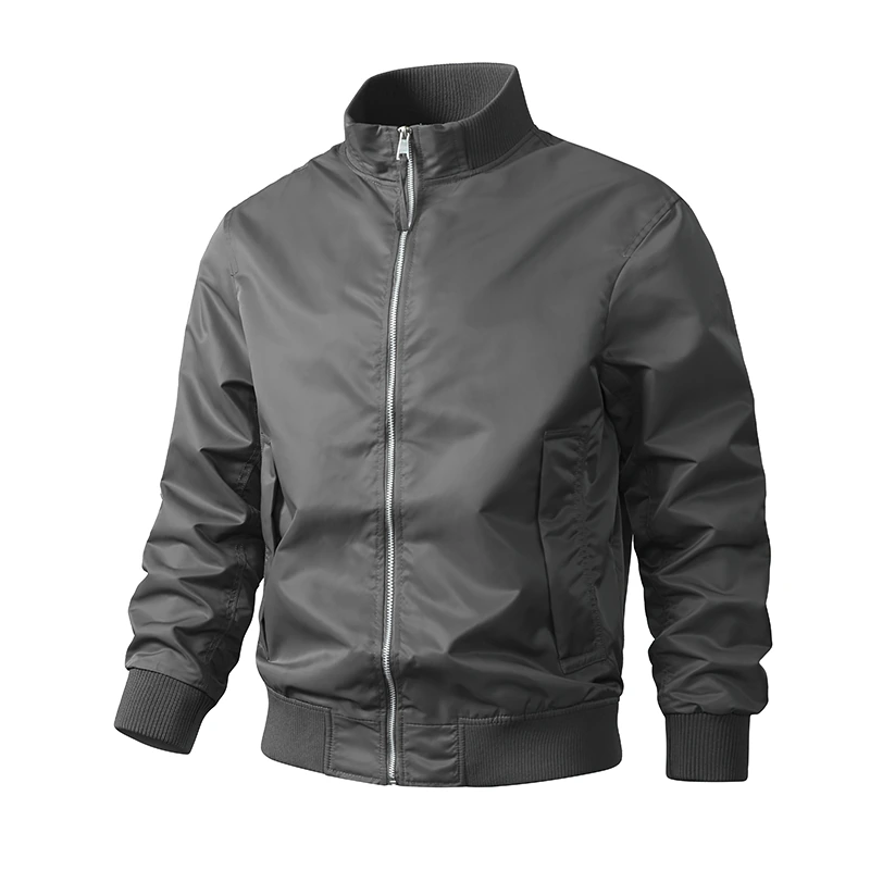 Stand-Collar Nylon Zip Jacket — Gray