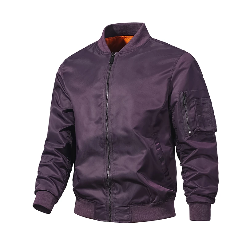 Ribbed-Collar Nylon Flight Jacket, Sleeve Pocket — Purple