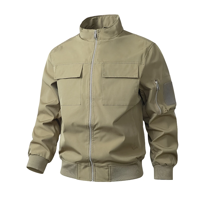 Polyester Stand-Collar Multi-Pocket Workwear Jacket — Dark khaki