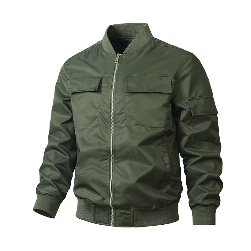 Nylon Ribbed-Collar Multi-Pocket Workwear Jacket — Dark army green