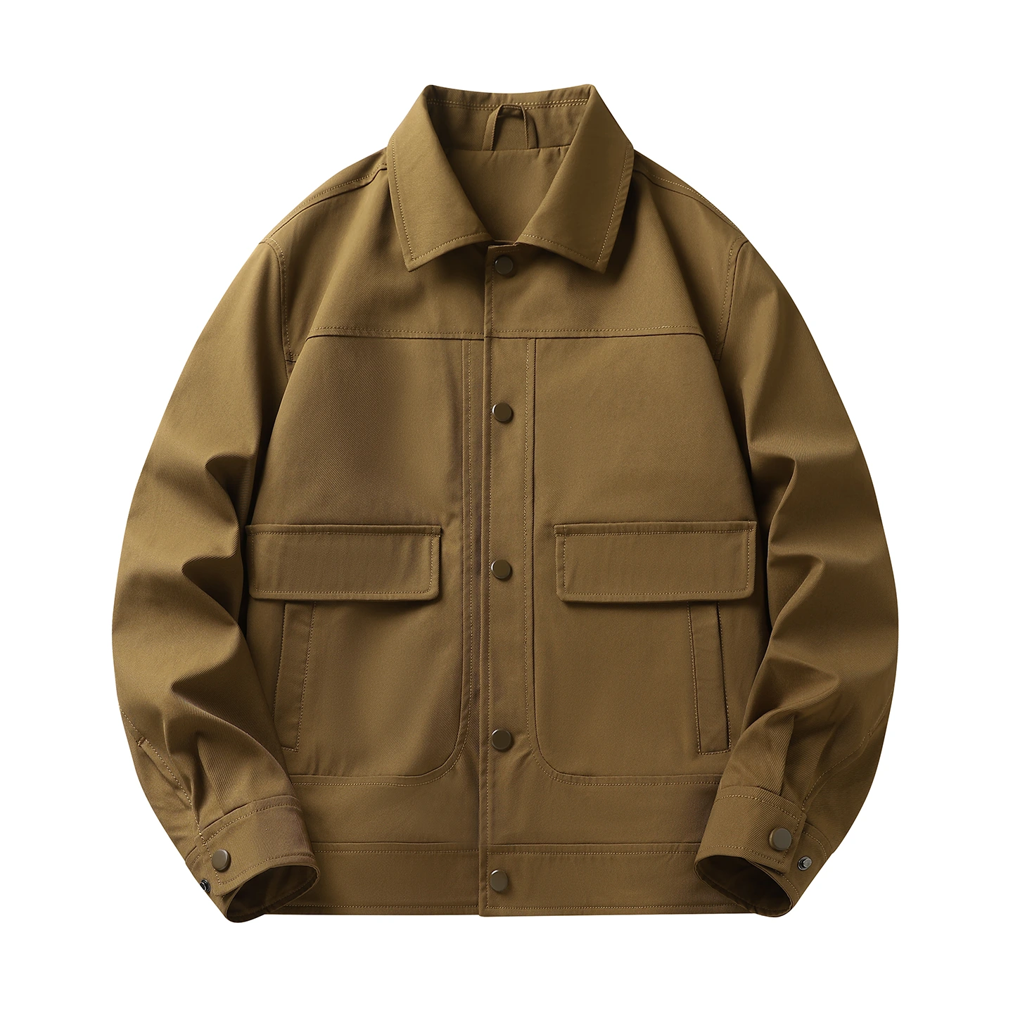 All-Polyester Lapel Snap-Button Work Jacket — Brown