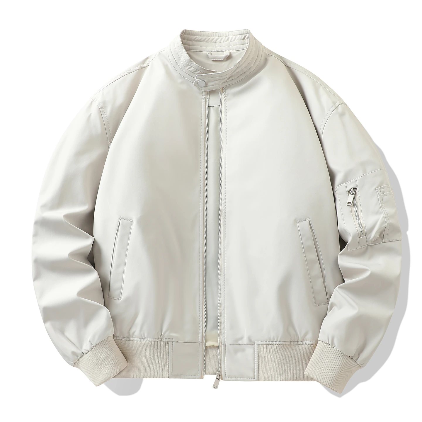 Stand-Collar Flight Jacket with Sleeve Pocket — Beige-apricot