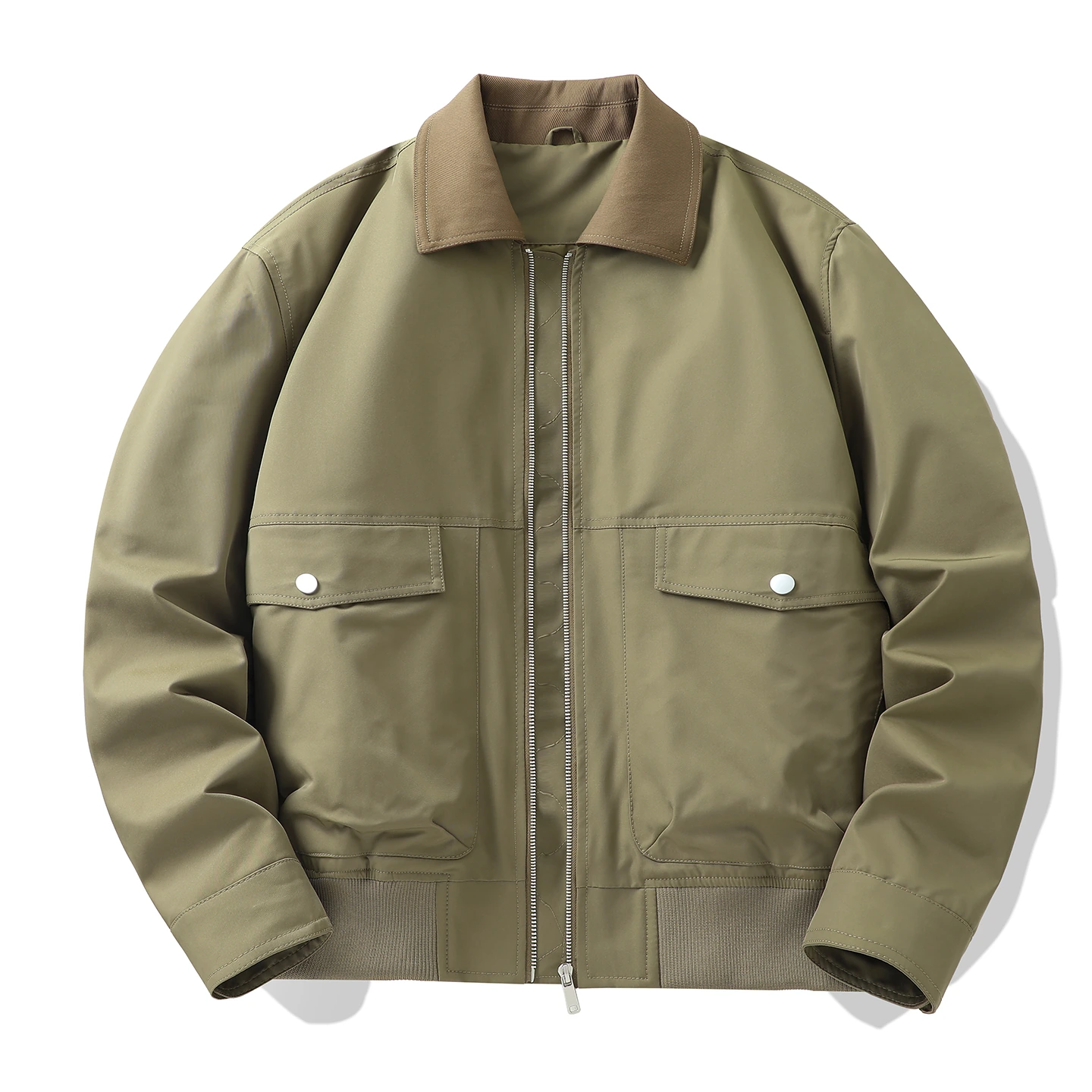 Lapel-Collar Quilted-Lining Bomber Jacket — Dark khaki