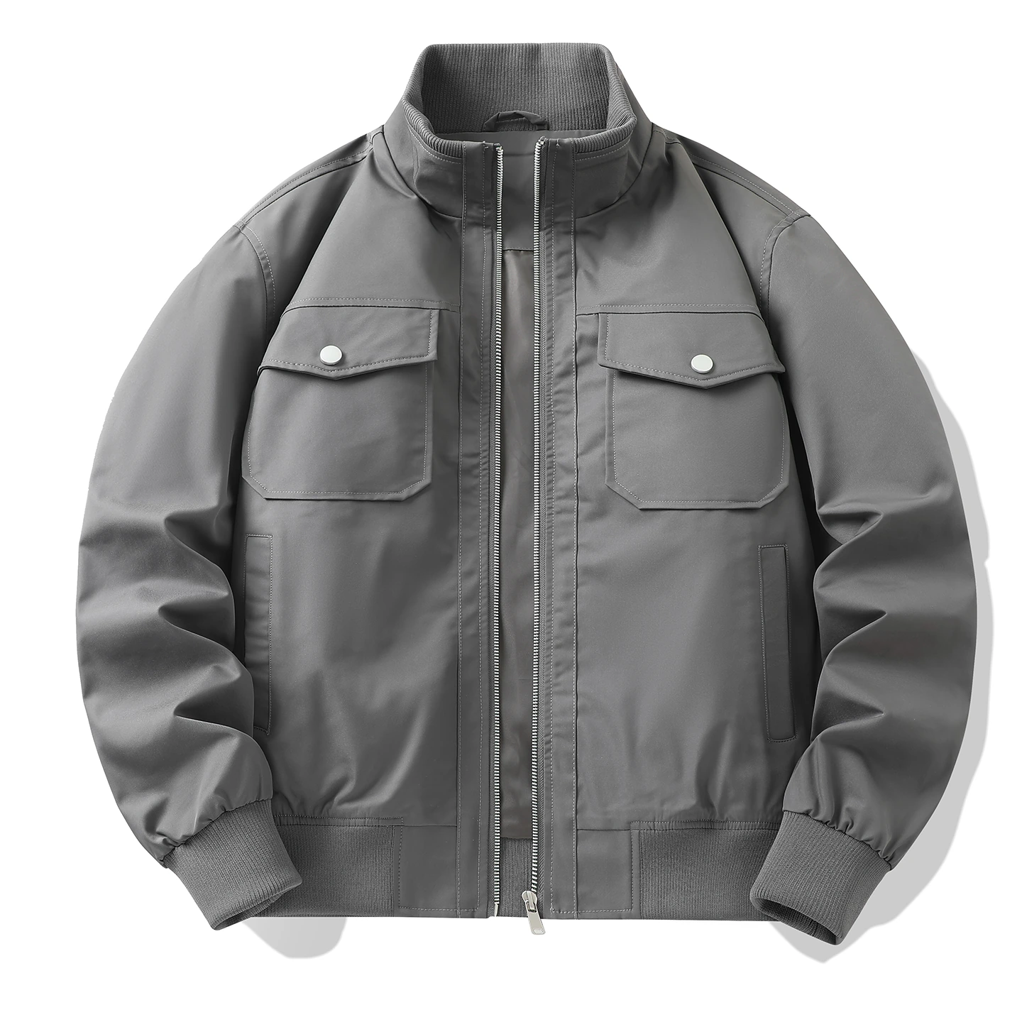 Stand-Collar Dual-Pocket Quilted-Lining Jacket — Dark gray