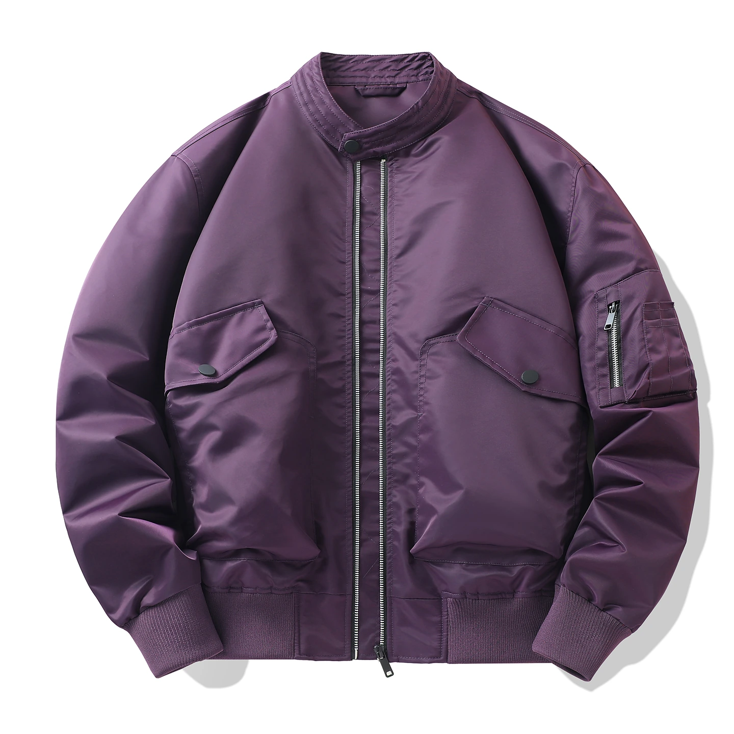 Stand-Collar Diagonal-Flap Pocket Flight Jacket — Dark purple