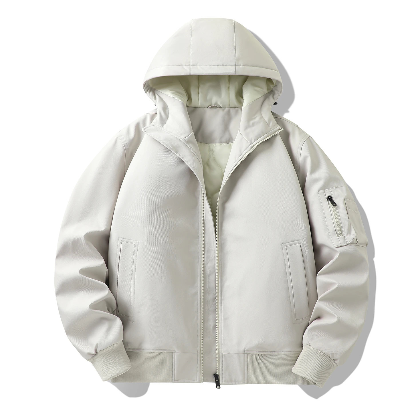 Hooded Padded Zip Jacket — Beige gray