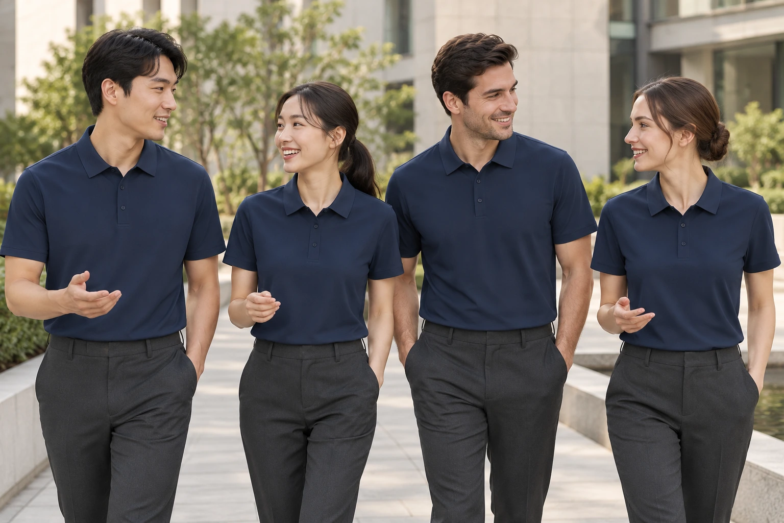 Disang Cotton-Feel Cooling Stretch Polo · Coordinated team scene