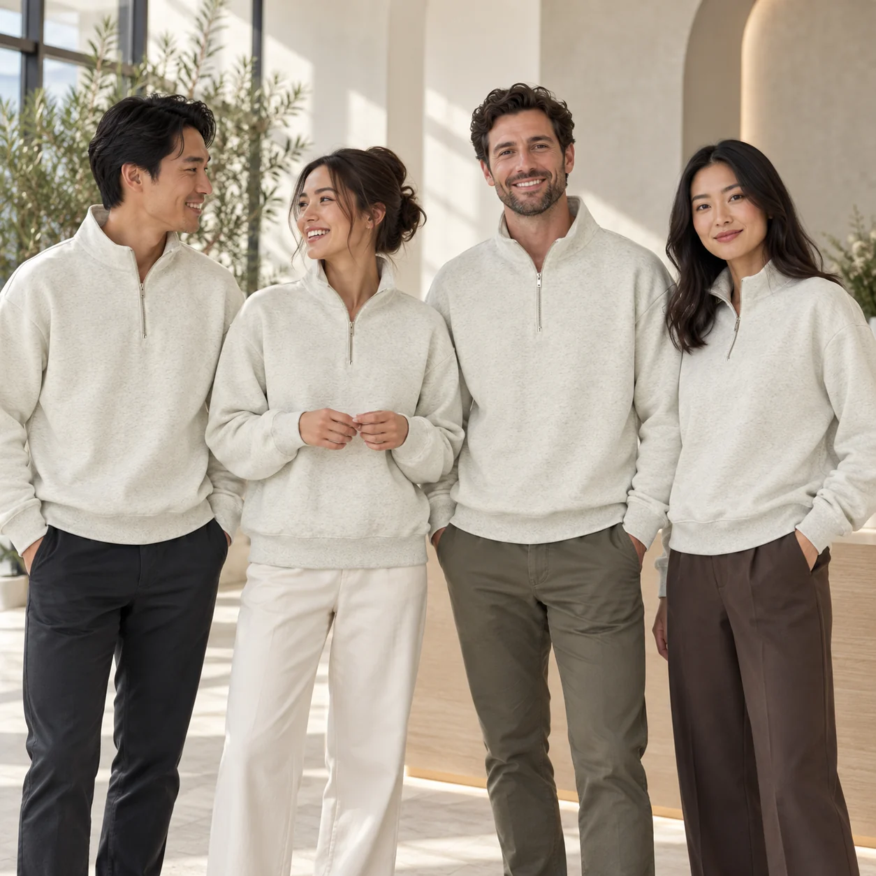 Milk-Silk Stand-Collar Half-Zip Sweatshirt · Coordinated team scene
