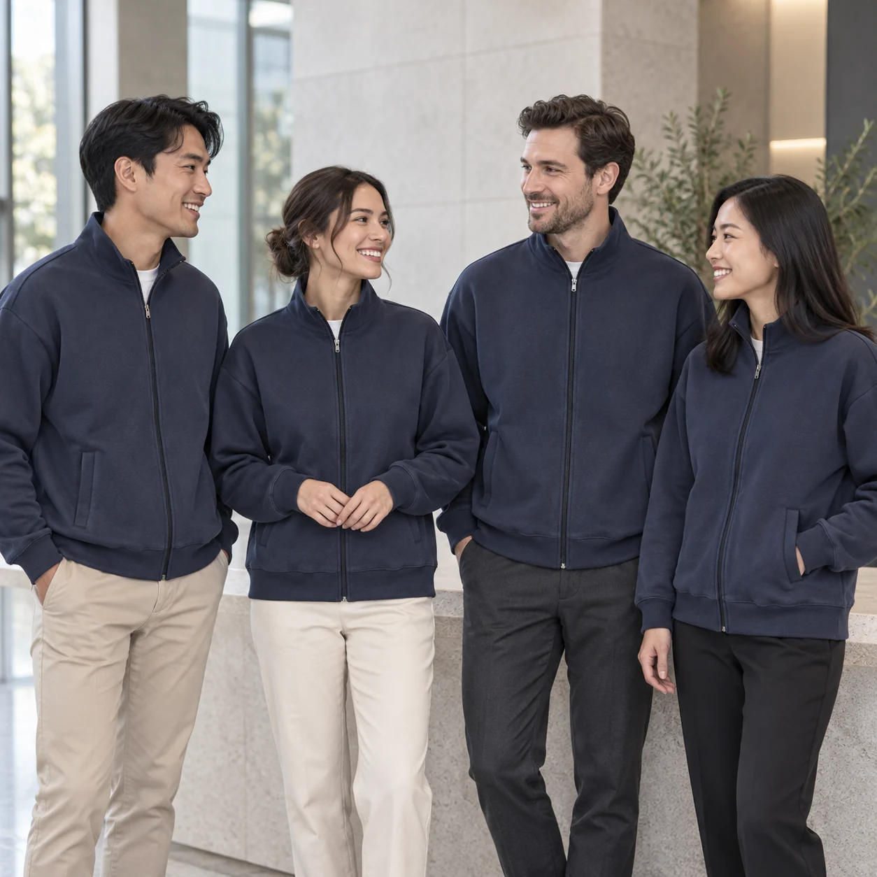 Milk-Silk Stand-Collar Full-Zip Sweatshirt · Coordinated team scene