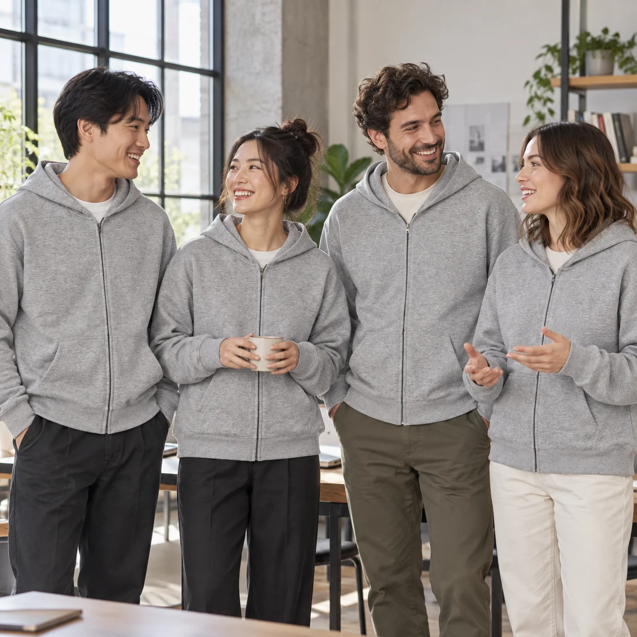 Milk-Silk Composite Zip-Hood Sweatshirt · Coordinated team scene