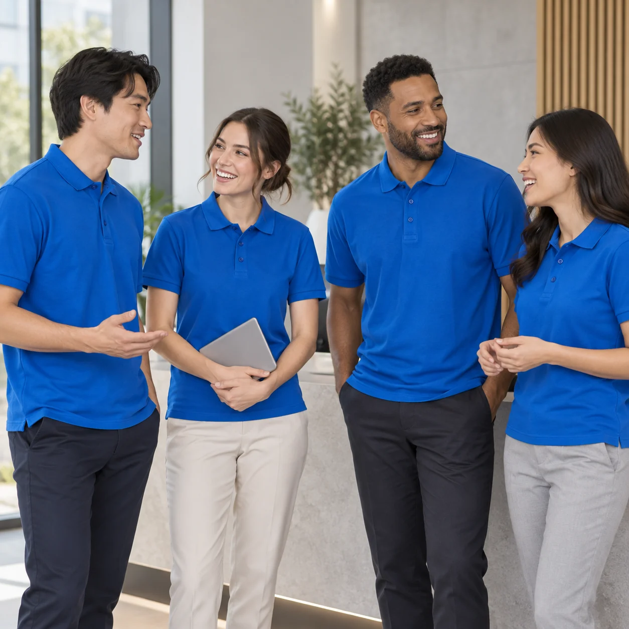 220 g/m² Combed Cotton Pique Polo, 21s Yarn · Coordinated team scene