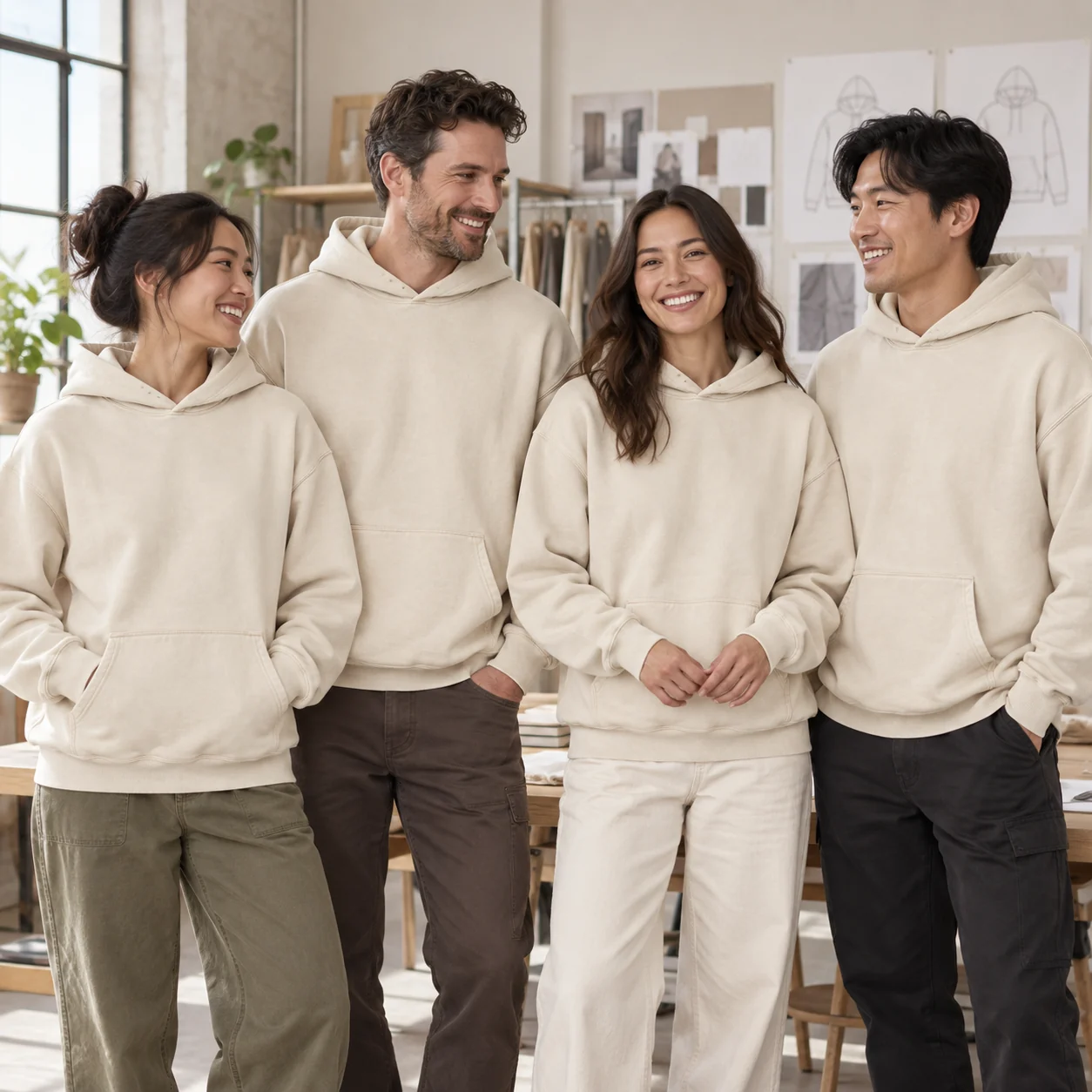 Acid Snow-Washed 100% Cotton Hoodie · Coordinated team scene