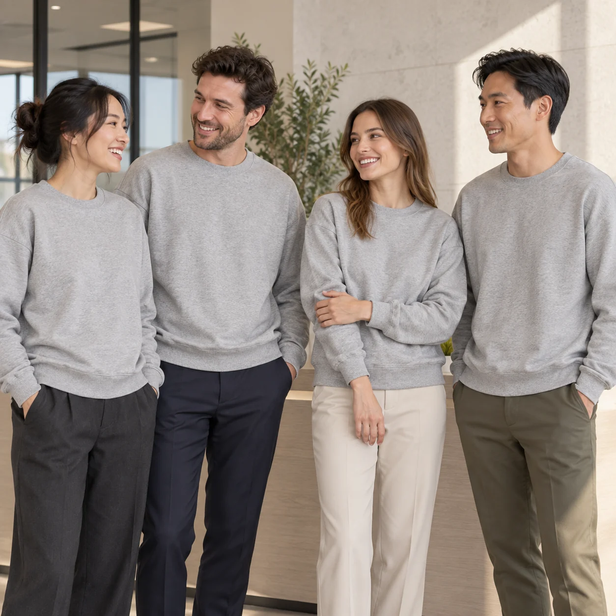 100% Cotton Terry-Loop Crewneck · Coordinated team scene