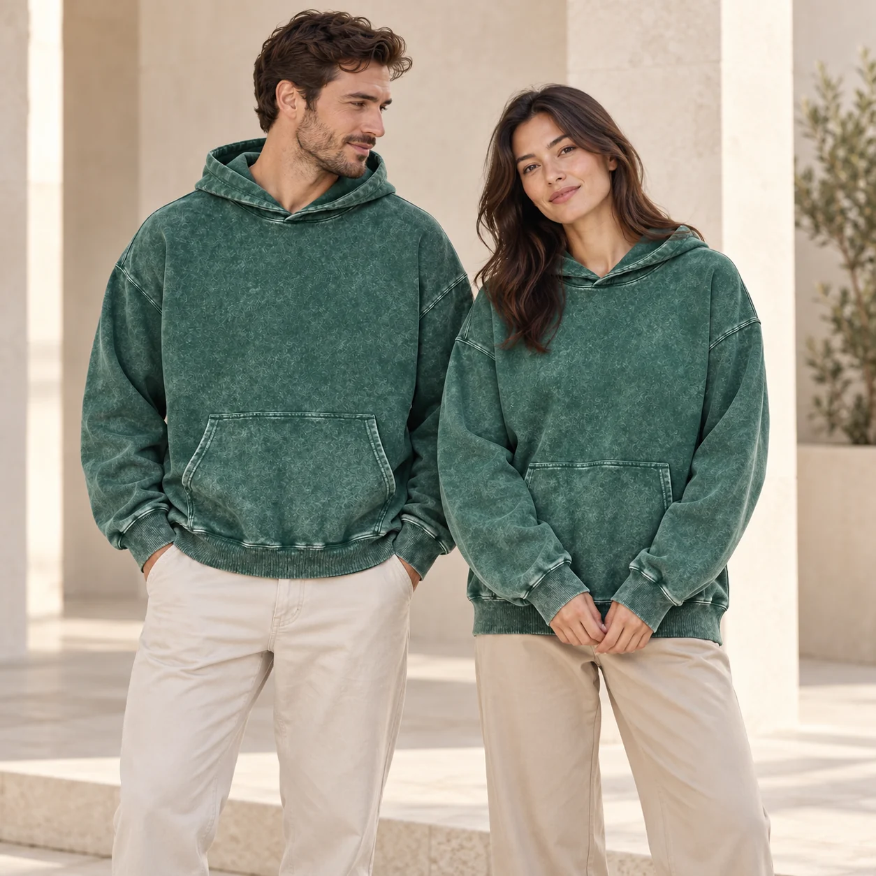 Full-Cotton Snowflake Acid-Wash Heavyweight Hoodie · Men & women uniform scene