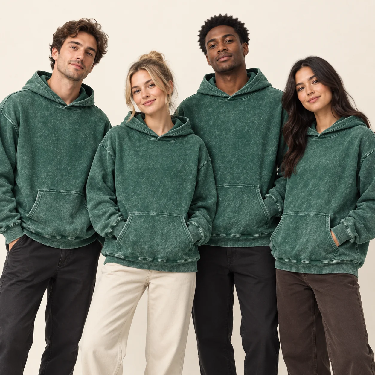 Full-Cotton Snowflake Acid-Wash Heavyweight Hoodie · Coordinated team scene