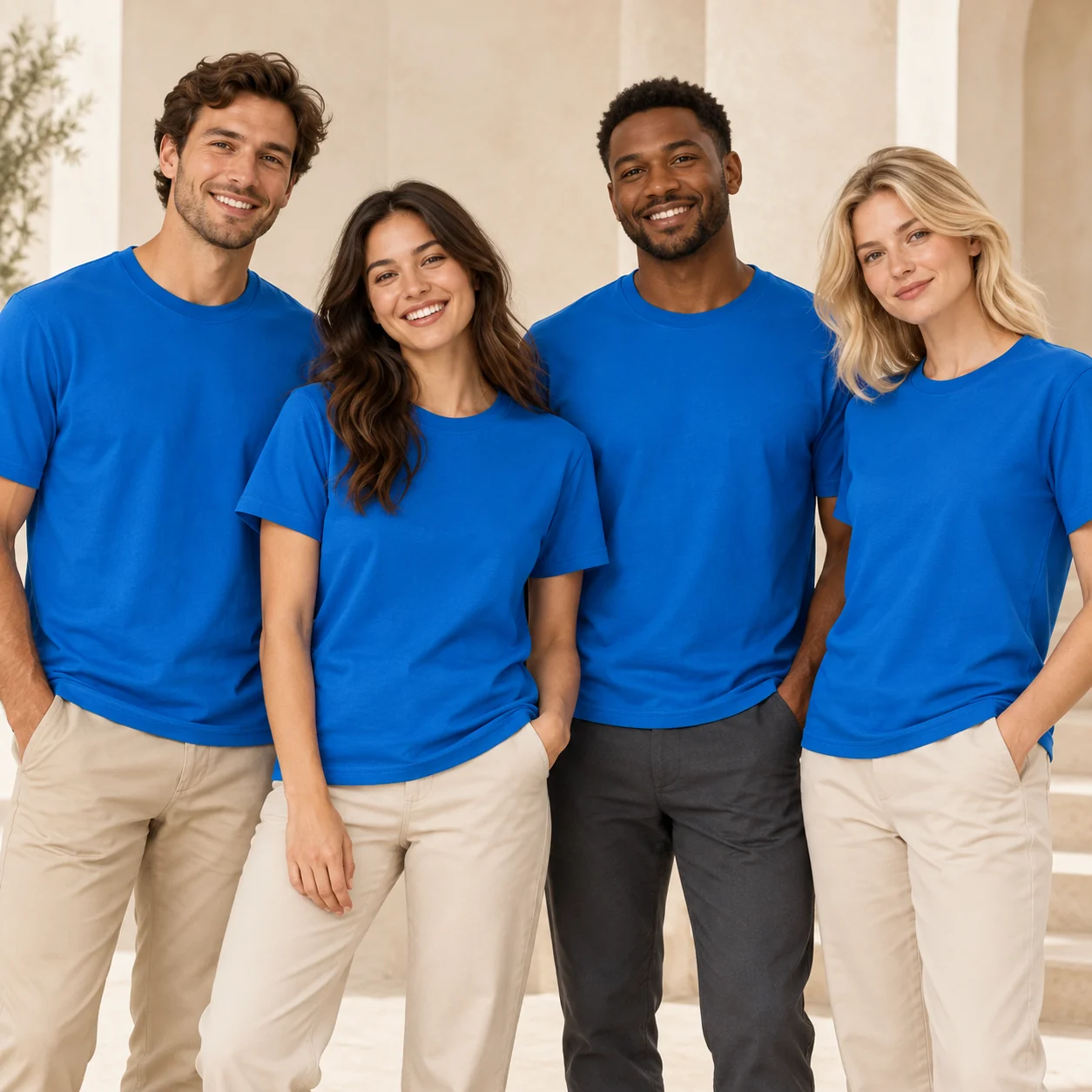 26-Count Compact Siro-Spun Cotton Crew Tee · Coordinated team scene