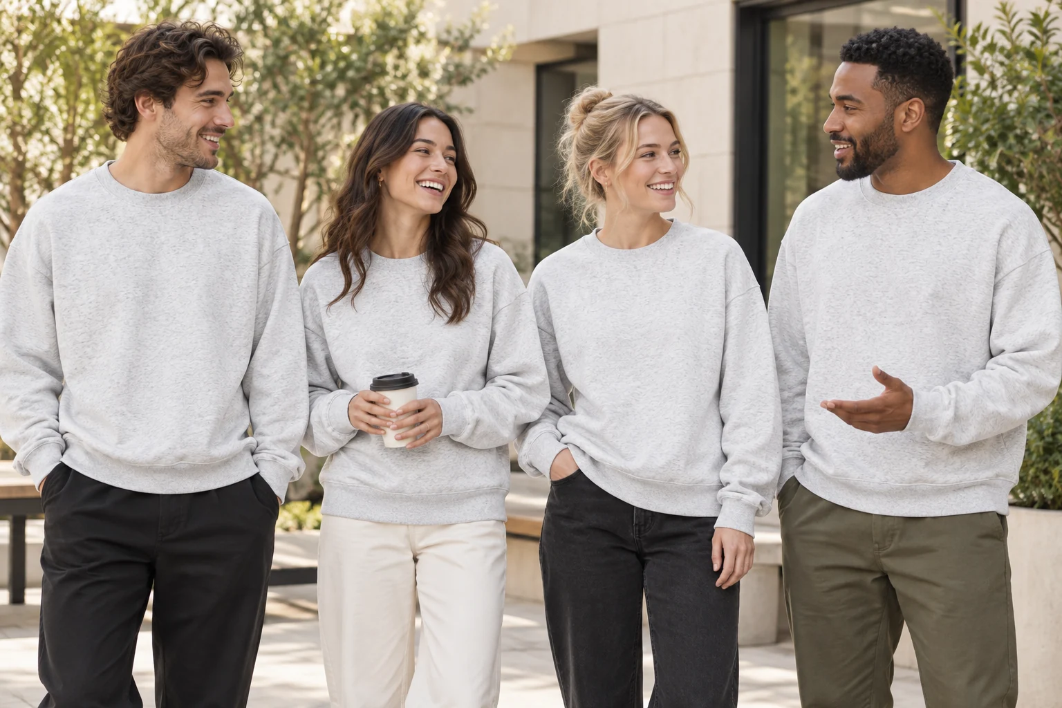 Terry Loop Drop-Shoulder Crew Sweatshirt · Coordinated team scene