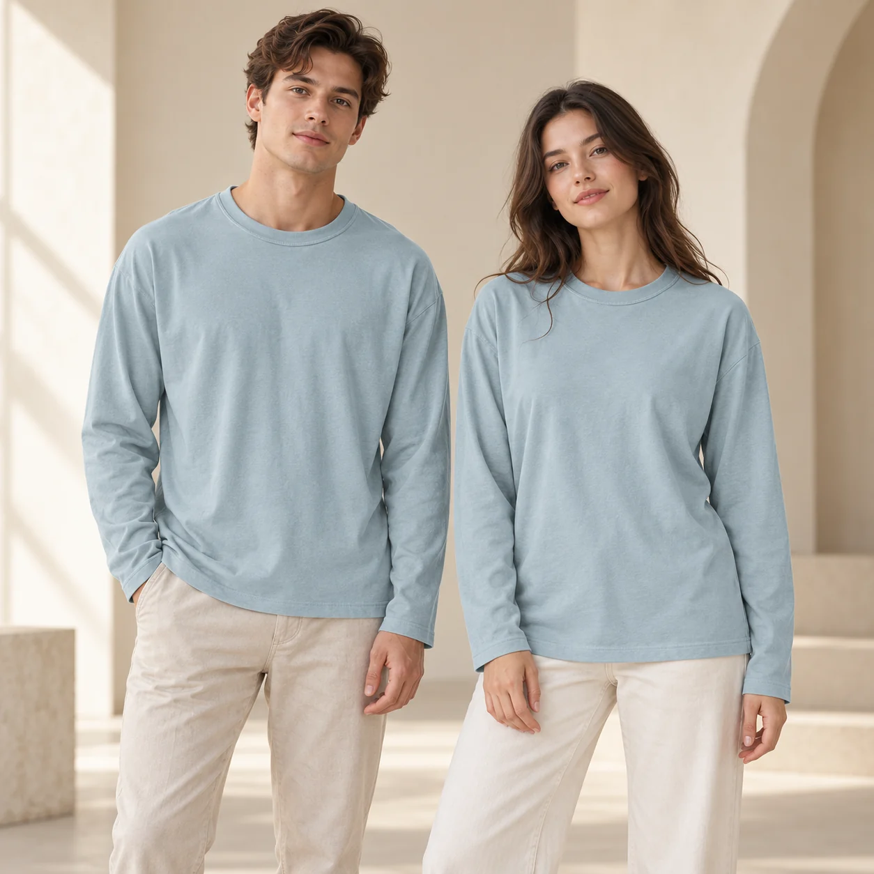 Heavyweight Brushed 100% Cotton Long-Sleeve · Men & women uniform scene