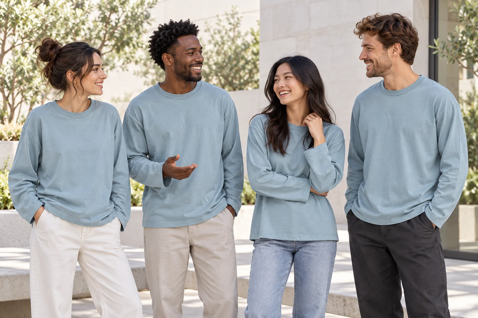 Heavyweight Brushed 100% Cotton Long-Sleeve · Coordinated team scene