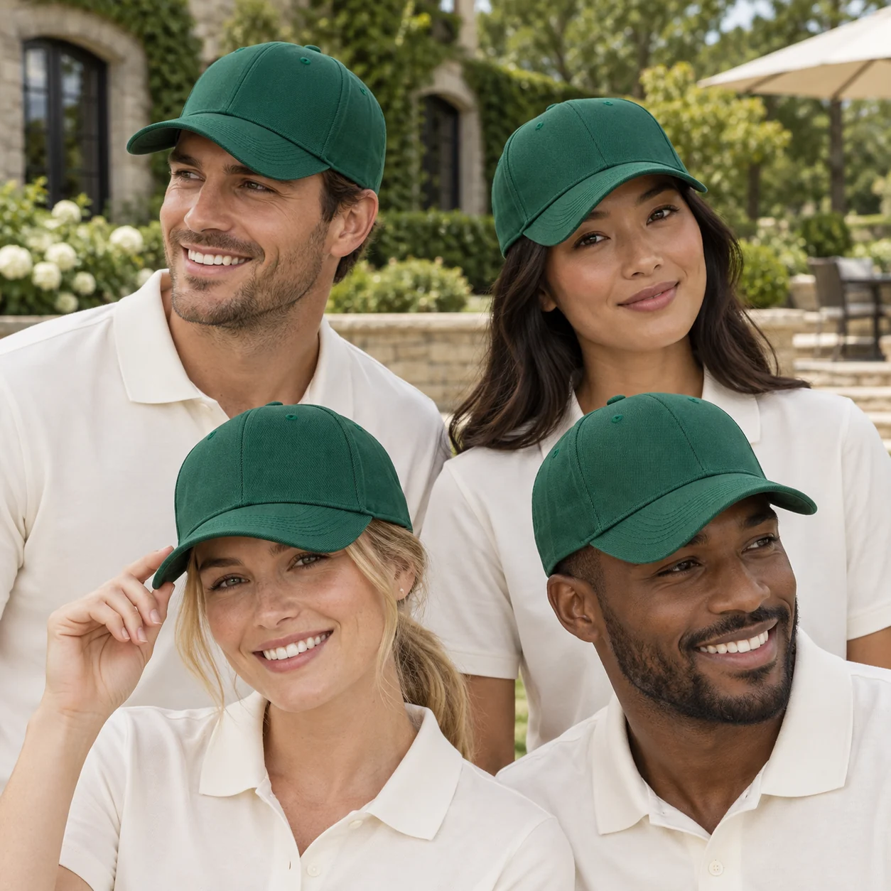 Brushed Acrylic 6-Panel Cap with Velcro Back · Coordinated team scene