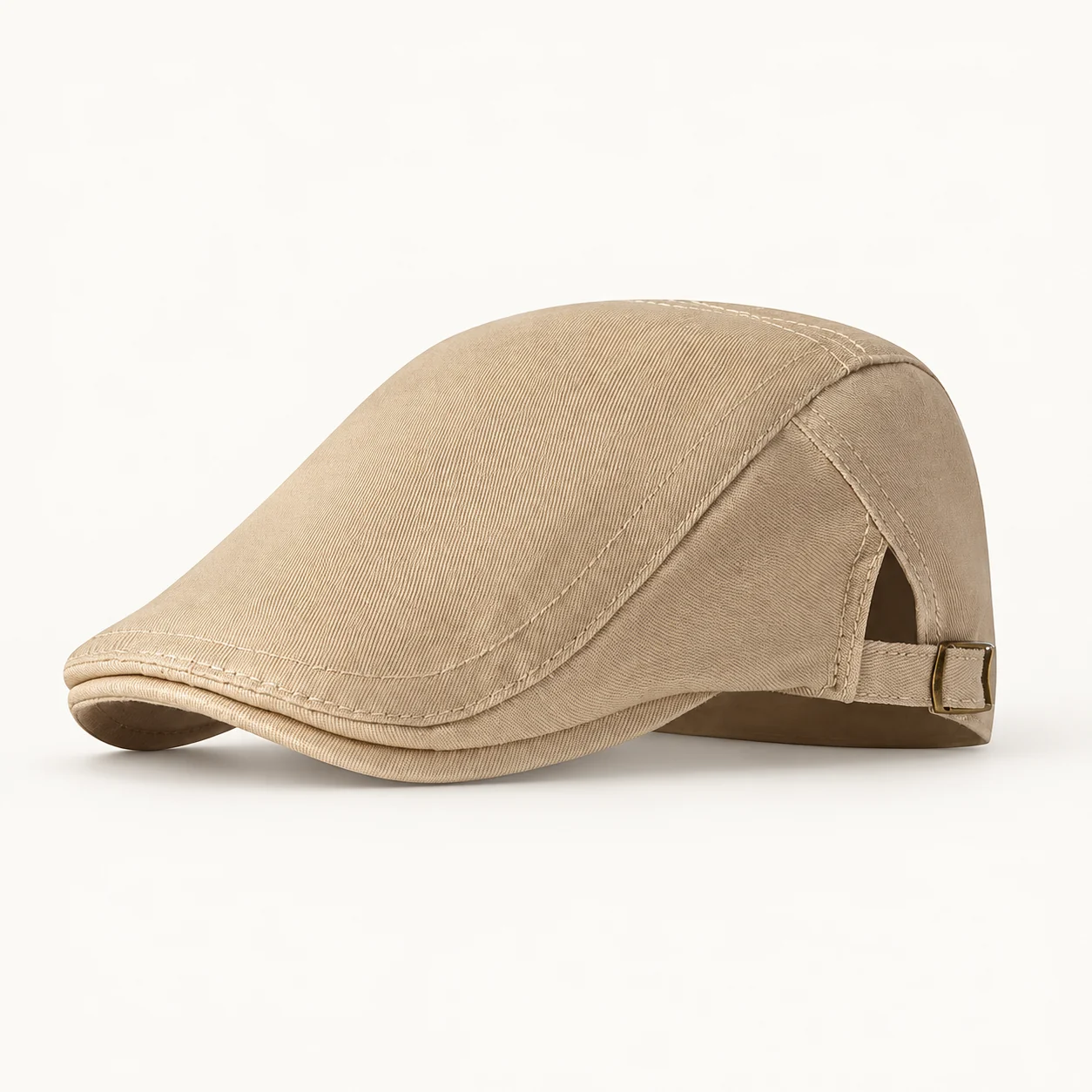 Cotton Flat-Cap Beret, Dual Side Metal Adjusters — Khaki — Style view