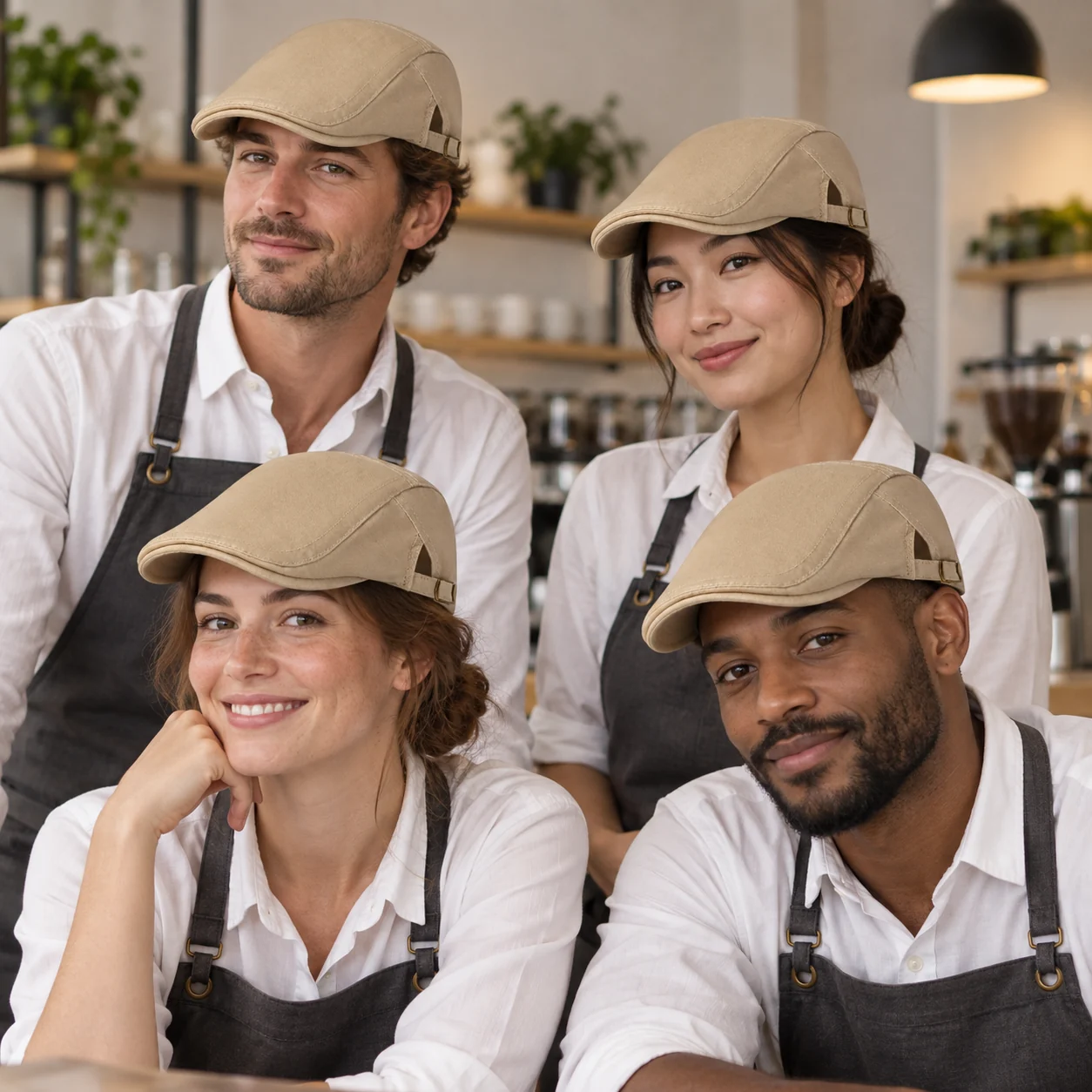 Cotton Flat-Cap Beret, Dual Side Metal Adjusters · Coordinated team scene
