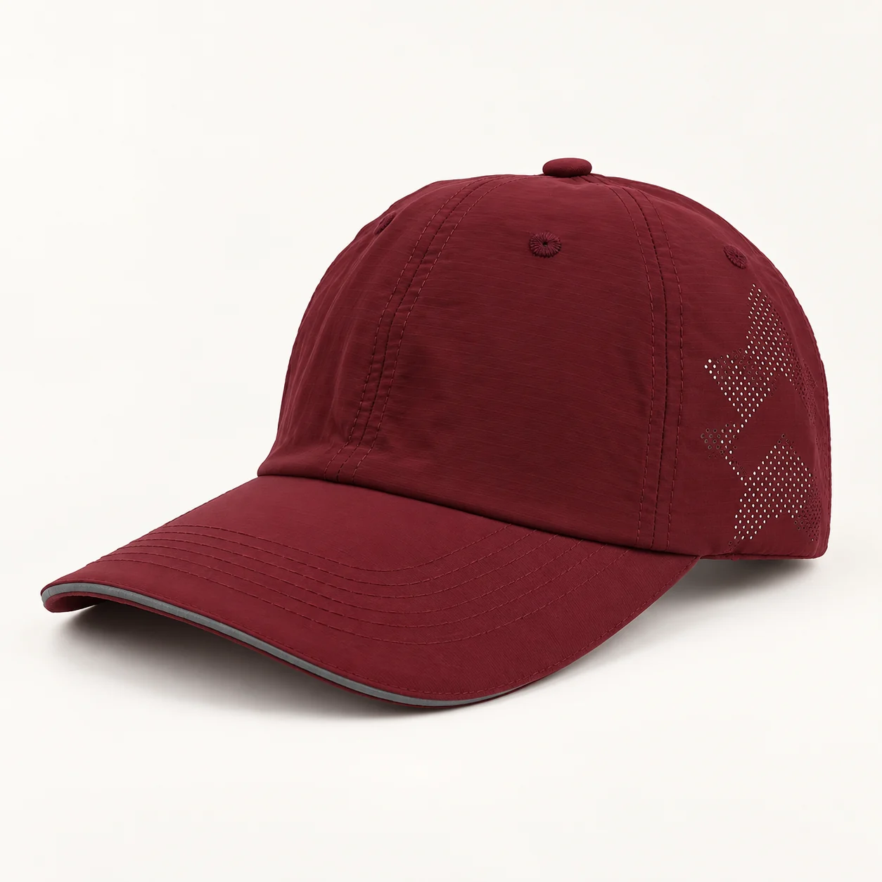 Nylon Quick-Dry Cap with Sandwich Brim and Reflective Trim — Burgundy — Style view