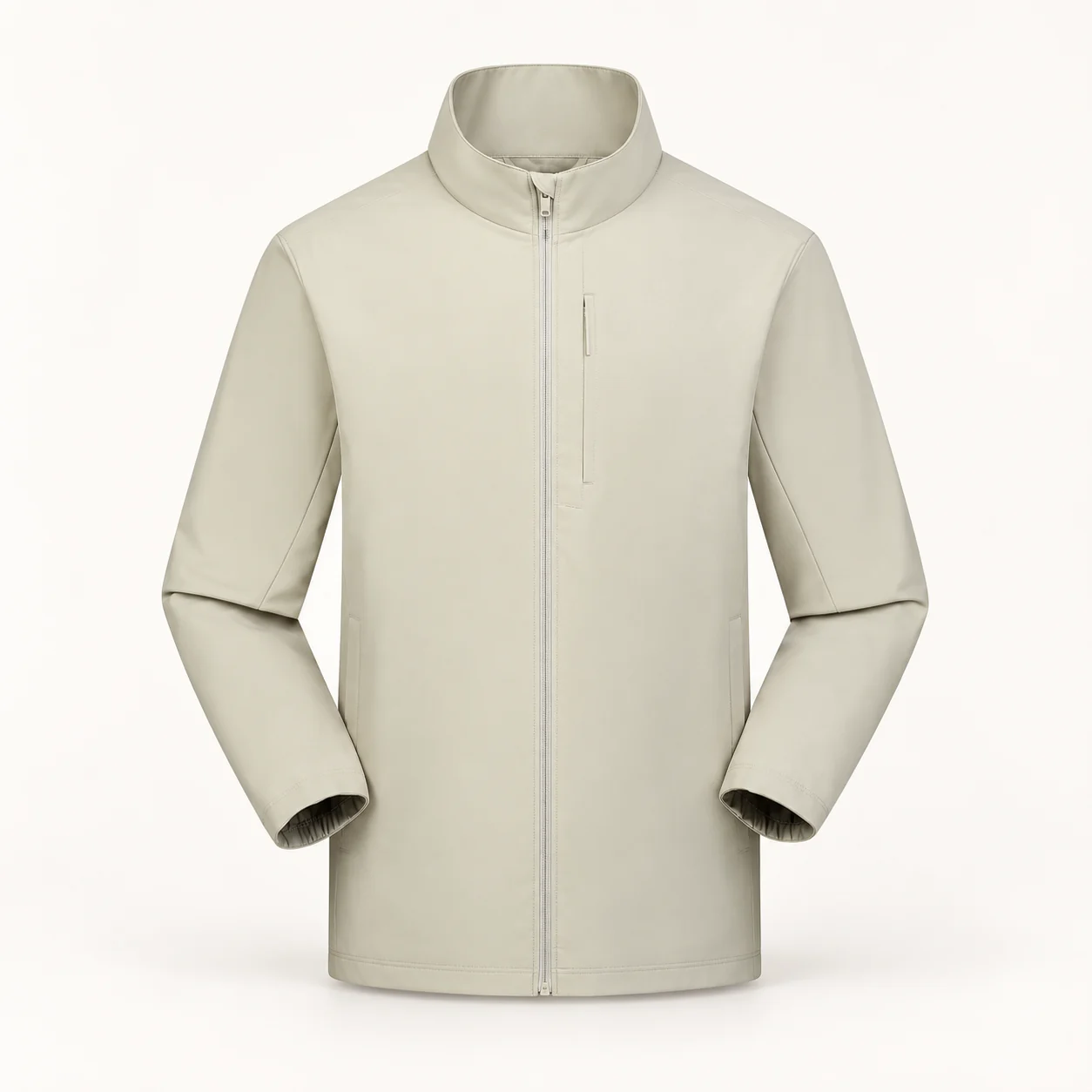 Heavy Polyester Stand-Collar Jacket — Khaki — Style view