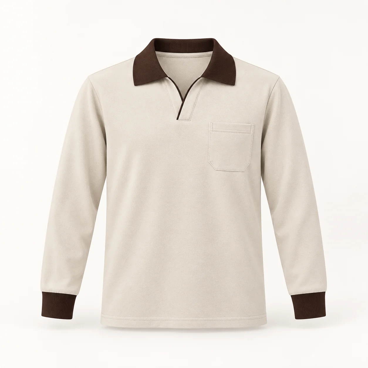 Cotton Long-Sleeve Polo with Contrast Collar and Cuffs — Beige yellow — Style view