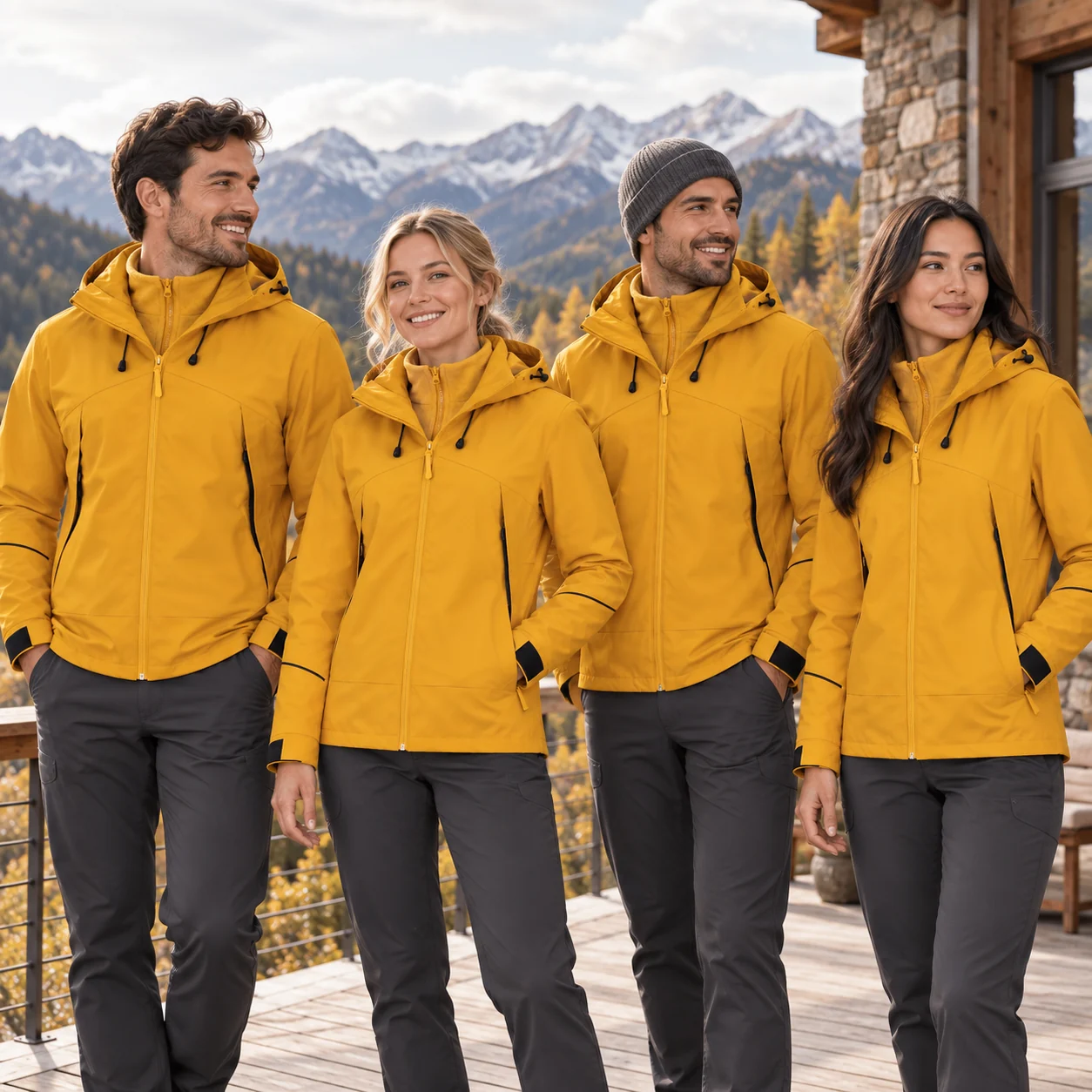 Three-in-One Jacket with Silver Fox Fleece Liner · Coordinated team scene