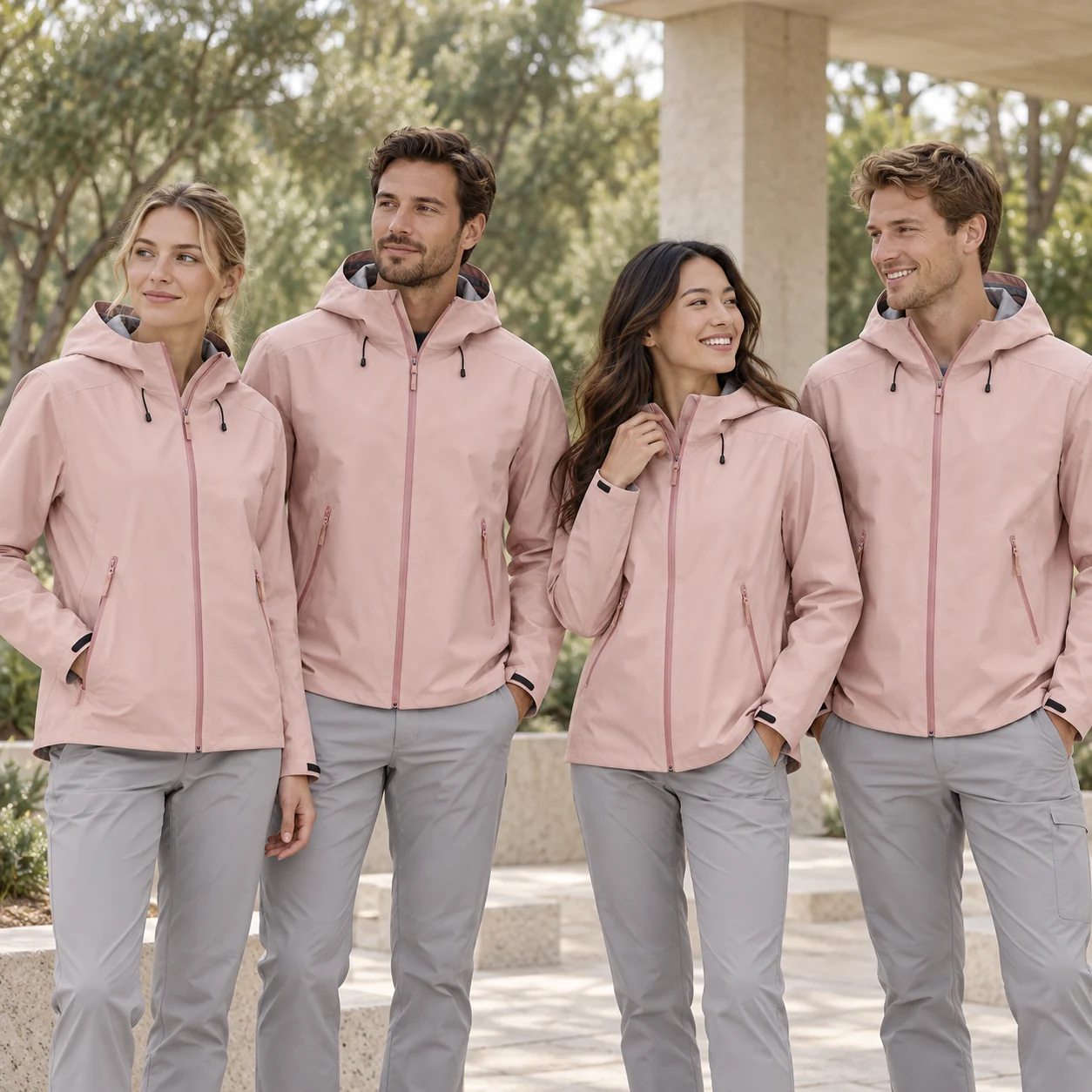 Fully Seam-Sealed Thin Polyester Hard-Shell Jacket · Coordinated team scene