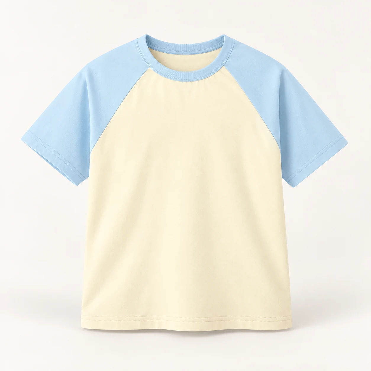 Cotton Colorblock Raglan Round-Neck Tee — Apricot / sky blue — Style view