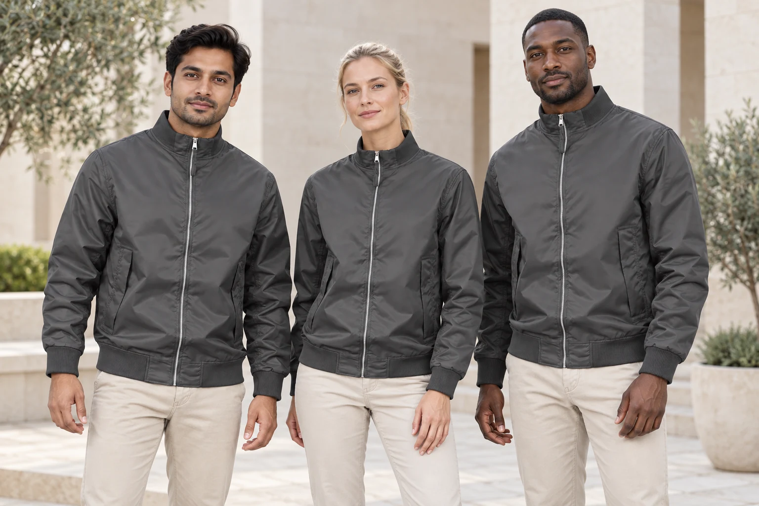 Stand-Collar Nylon Zip Jacket · Coordinated team scene
