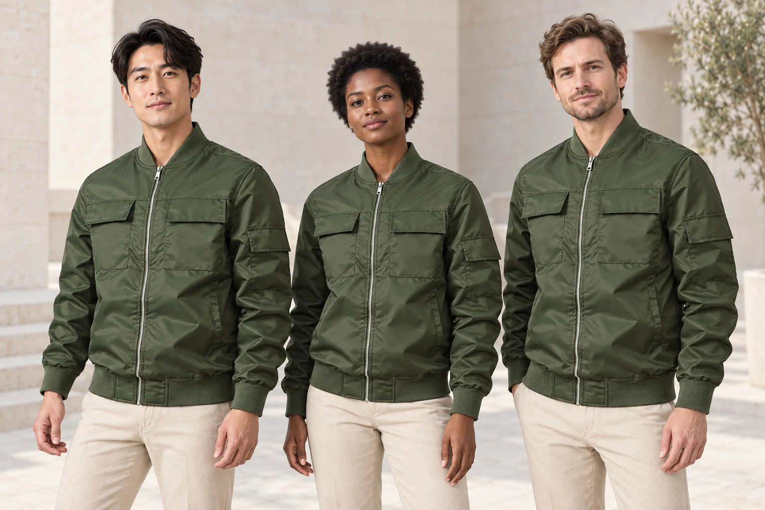 Nylon Ribbed-Collar Multi-Pocket Workwear Jacket · Coordinated team scene