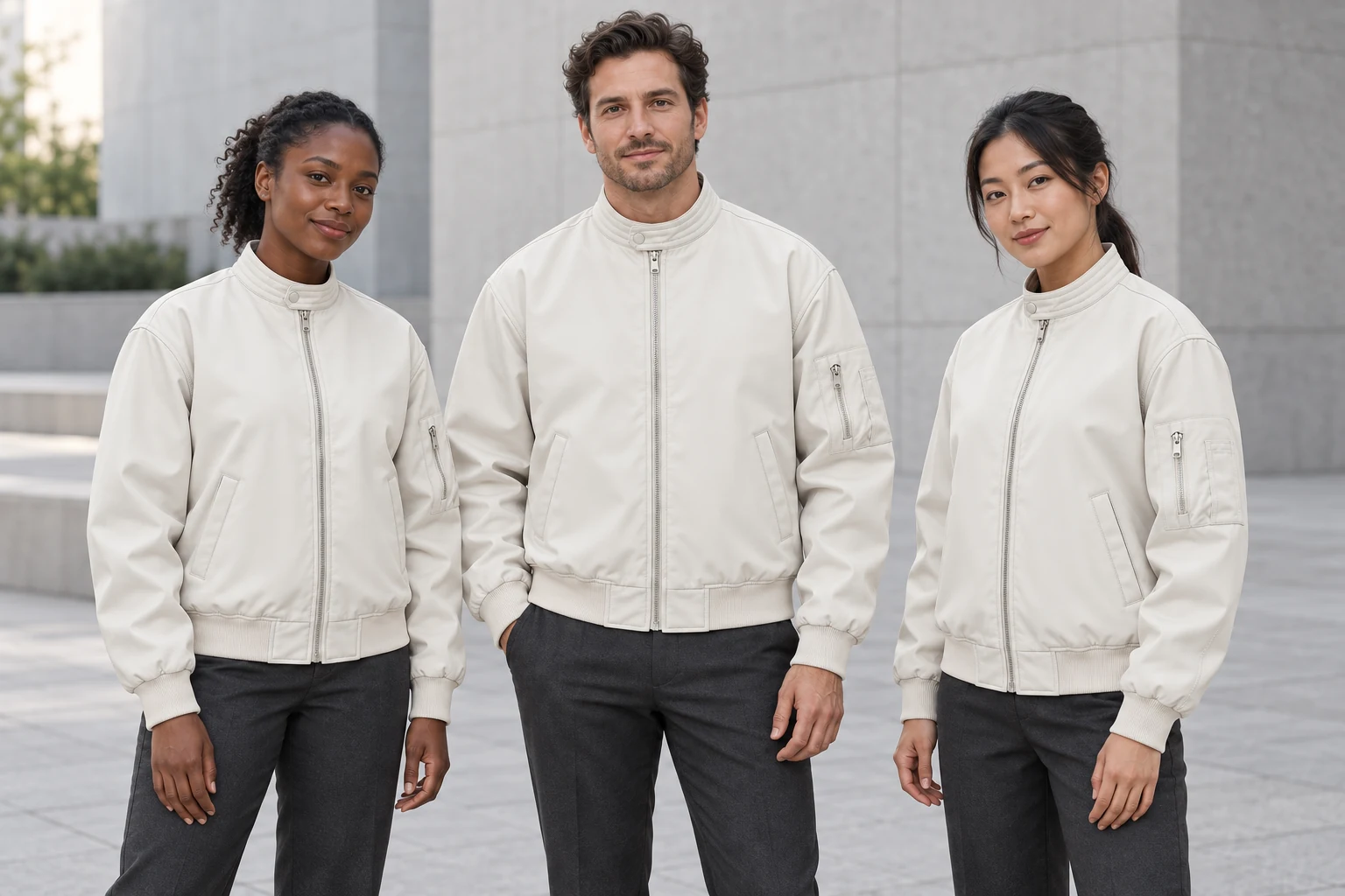 Stand-Collar Flight Jacket with Sleeve Pocket · Coordinated team scene