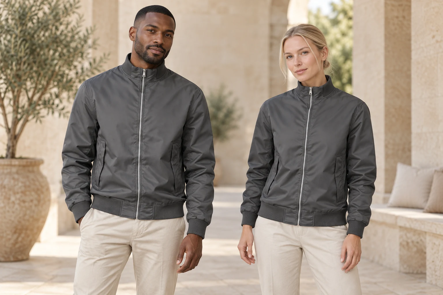 Stand-Collar Nylon Zip Jacket · Men’s & women’s styling