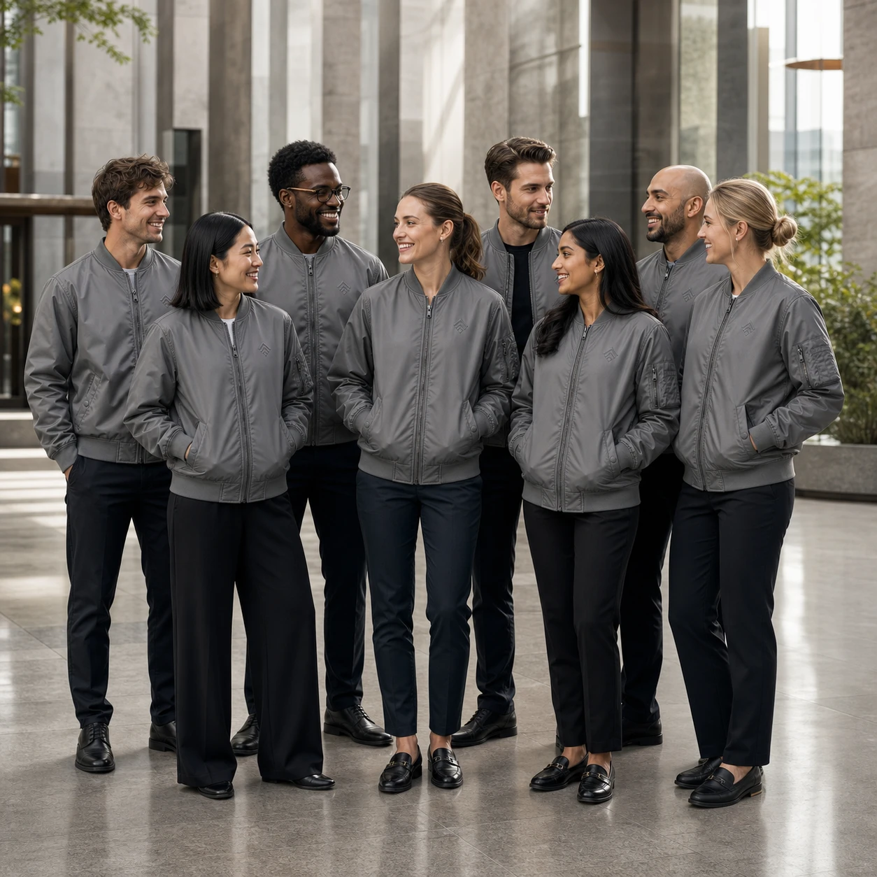 100% Nylon Flight Bomber Jacket · Coordinated team scene