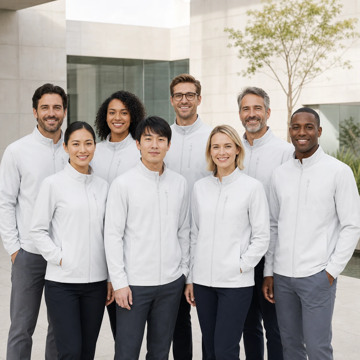 Heavy Polyester Stand-Collar Jacket · Coordinated team scene