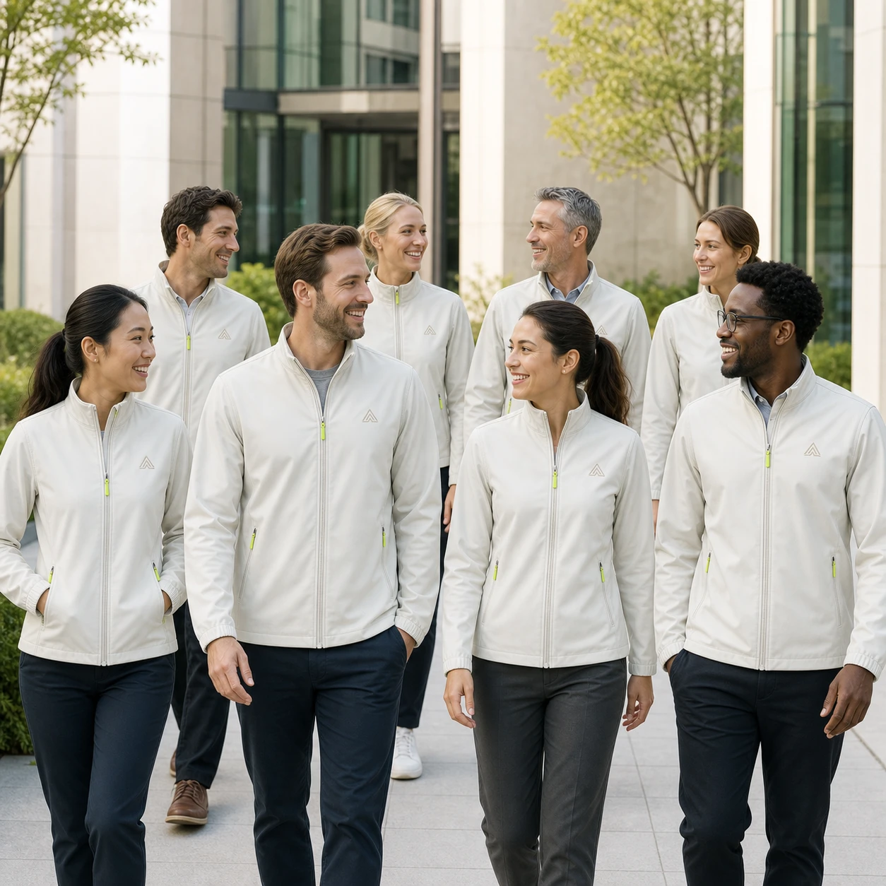 High-Density Woven Polyester Wind-Resistant Stand-Collar Jacket · Coordinated team scene