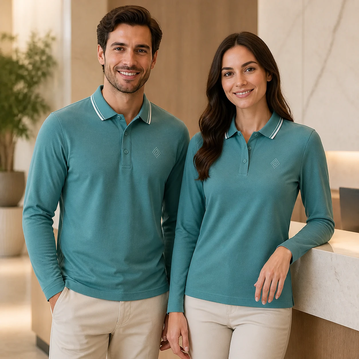 Mulberry Silk Blend Long-Sleeve Polo · Men & women uniform scene