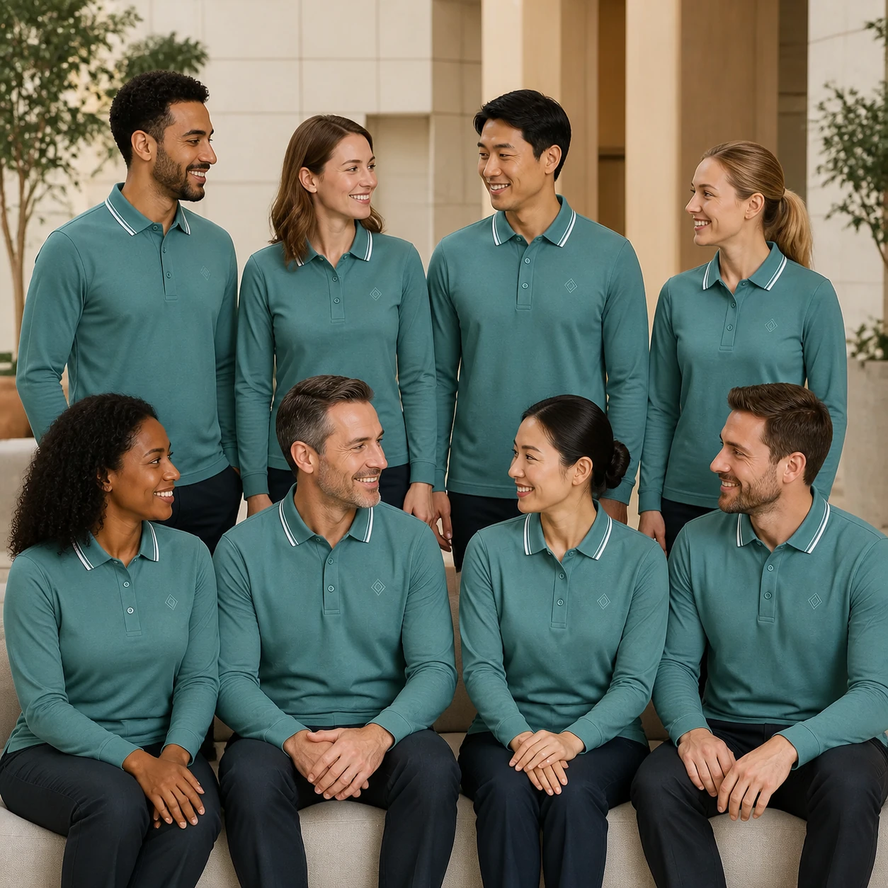 Mulberry Silk Blend Long-Sleeve Polo · Coordinated team scene