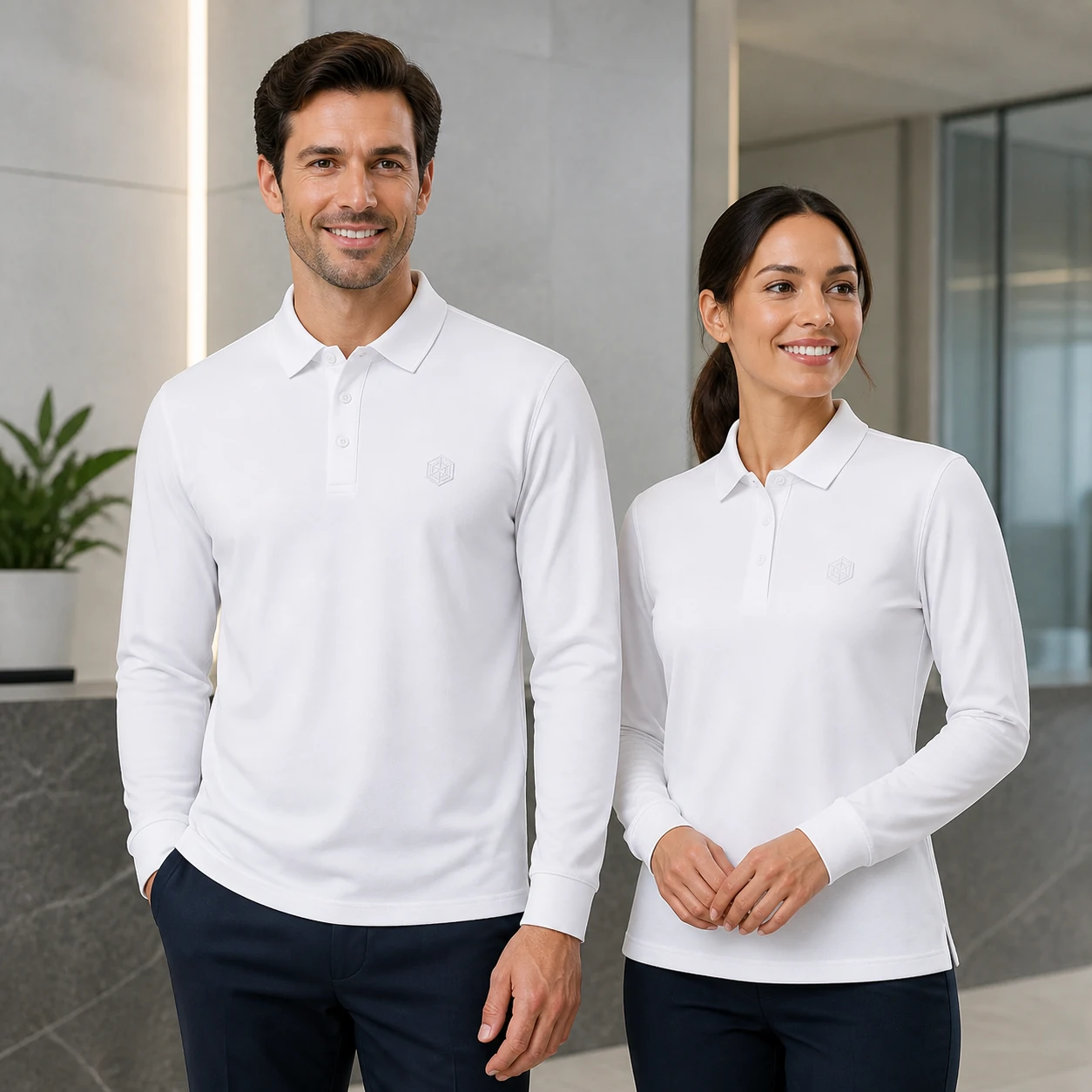 Cotton-Poly Stretch Knit Cooling Long-Sleeve Polo · Men & women uniform scene