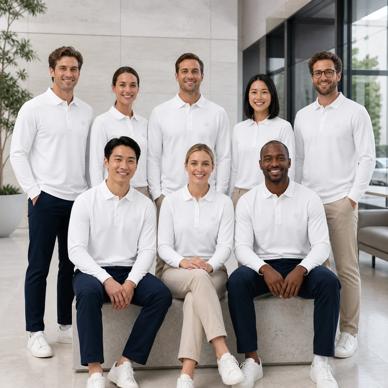 Cotton-Poly Stretch Knit Cooling Long-Sleeve Polo · Coordinated team scene