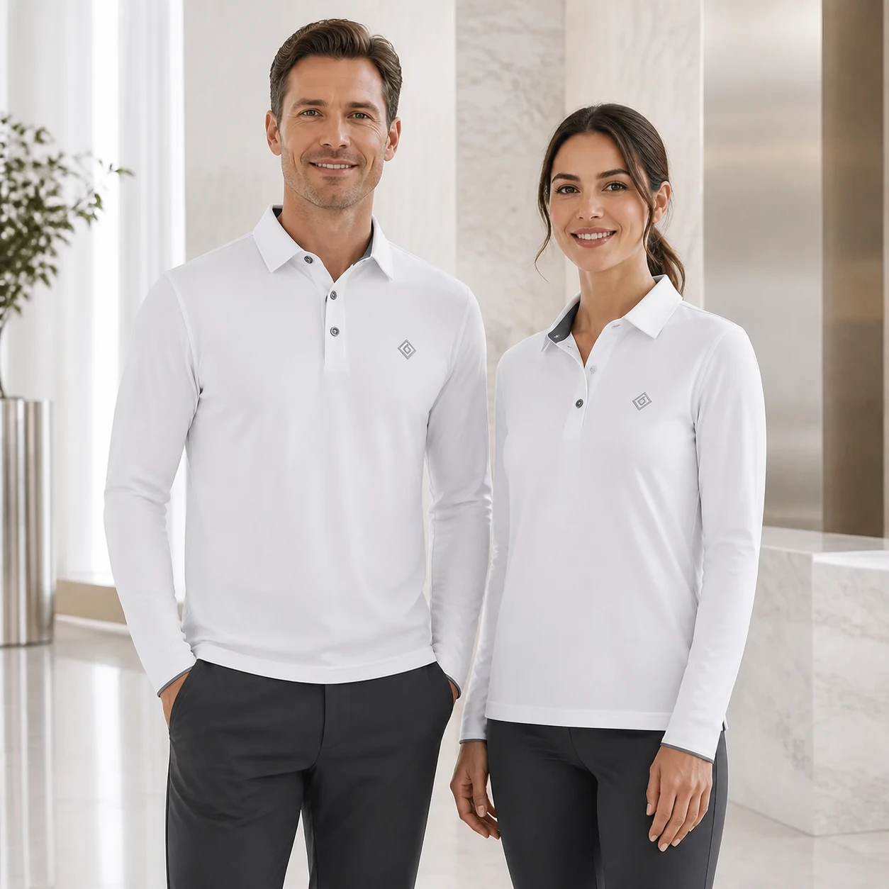 Ultra-Light Grid-Textured Long-Sleeve Polo · Men & women uniform scene