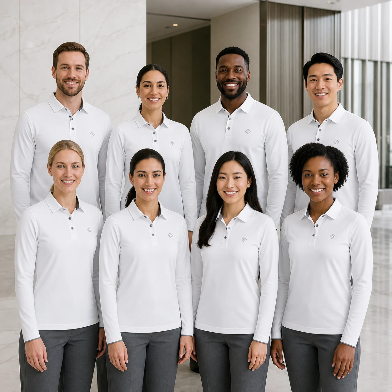 Ultra-Light Grid-Textured Long-Sleeve Polo · Coordinated team scene
