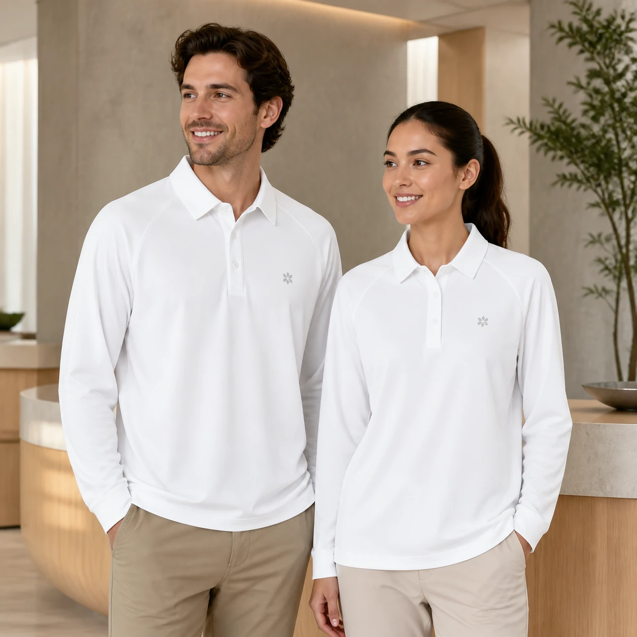 Raised-Dot Knit Quick-Dry Stretch Long Sleeve Polo · Men & women uniform scene