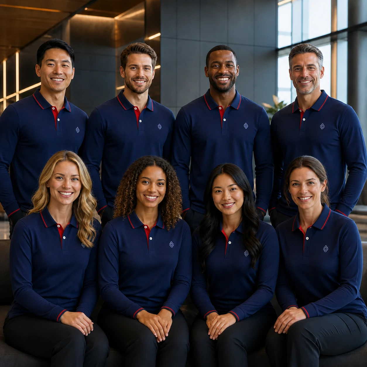 Cotton & Super-Comfort Fiber Classic Long-Sleeve Polo · Coordinated team scene