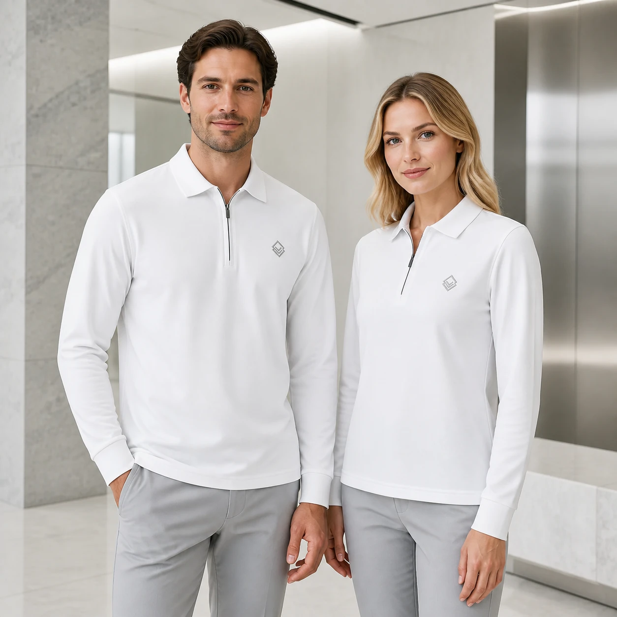 40S Double-Yarn Skin-Friendly Velour Zip Polo · Men & women uniform scene