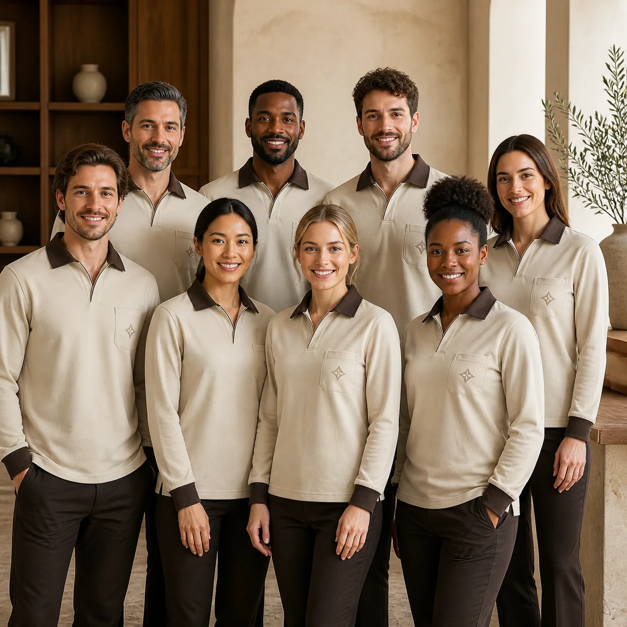 Cotton Long-Sleeve Polo with Contrast Collar and Cuffs · Coordinated team scene